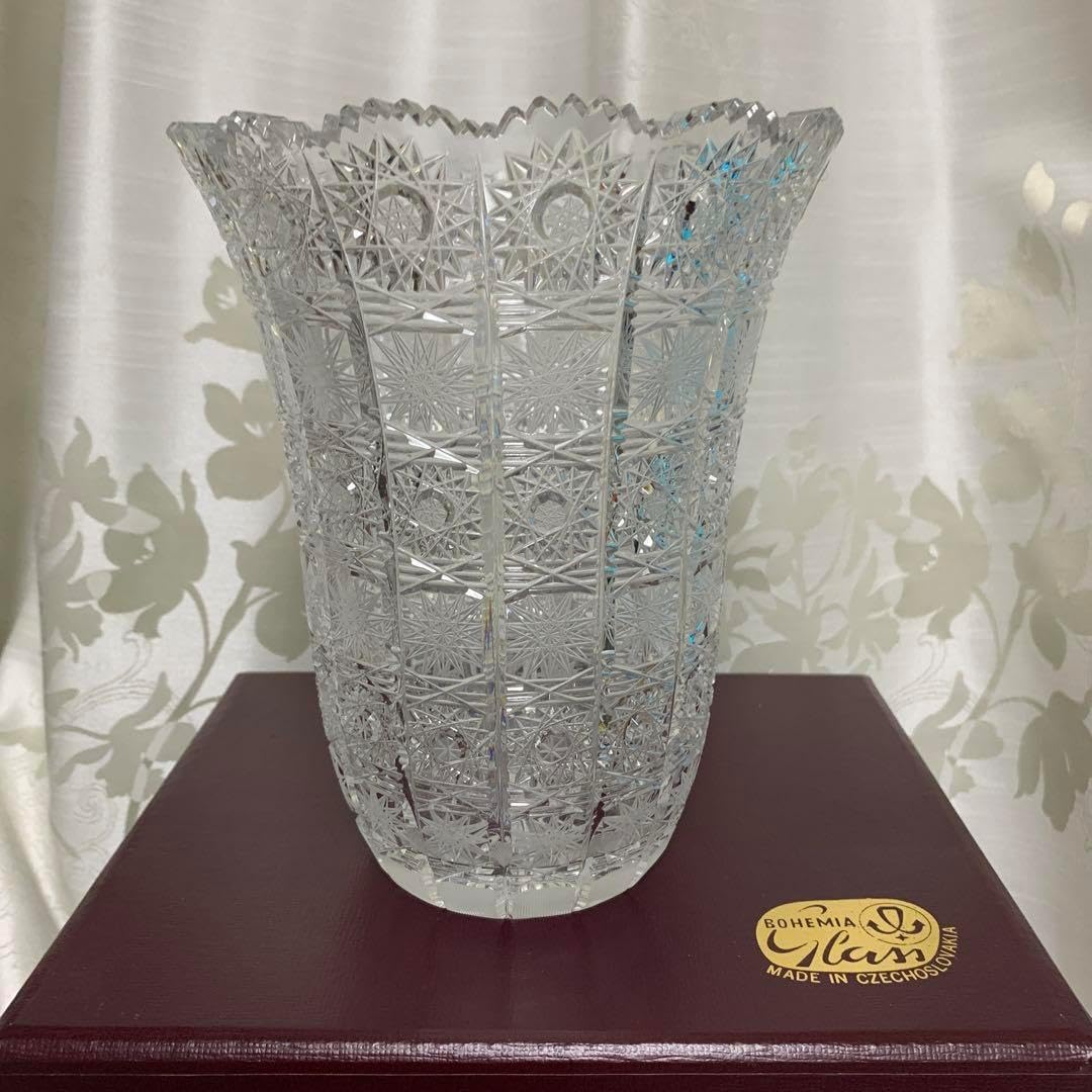 BOHEMIA GLASS フラワーベース クリア ハンドカット 38 ボヘミア